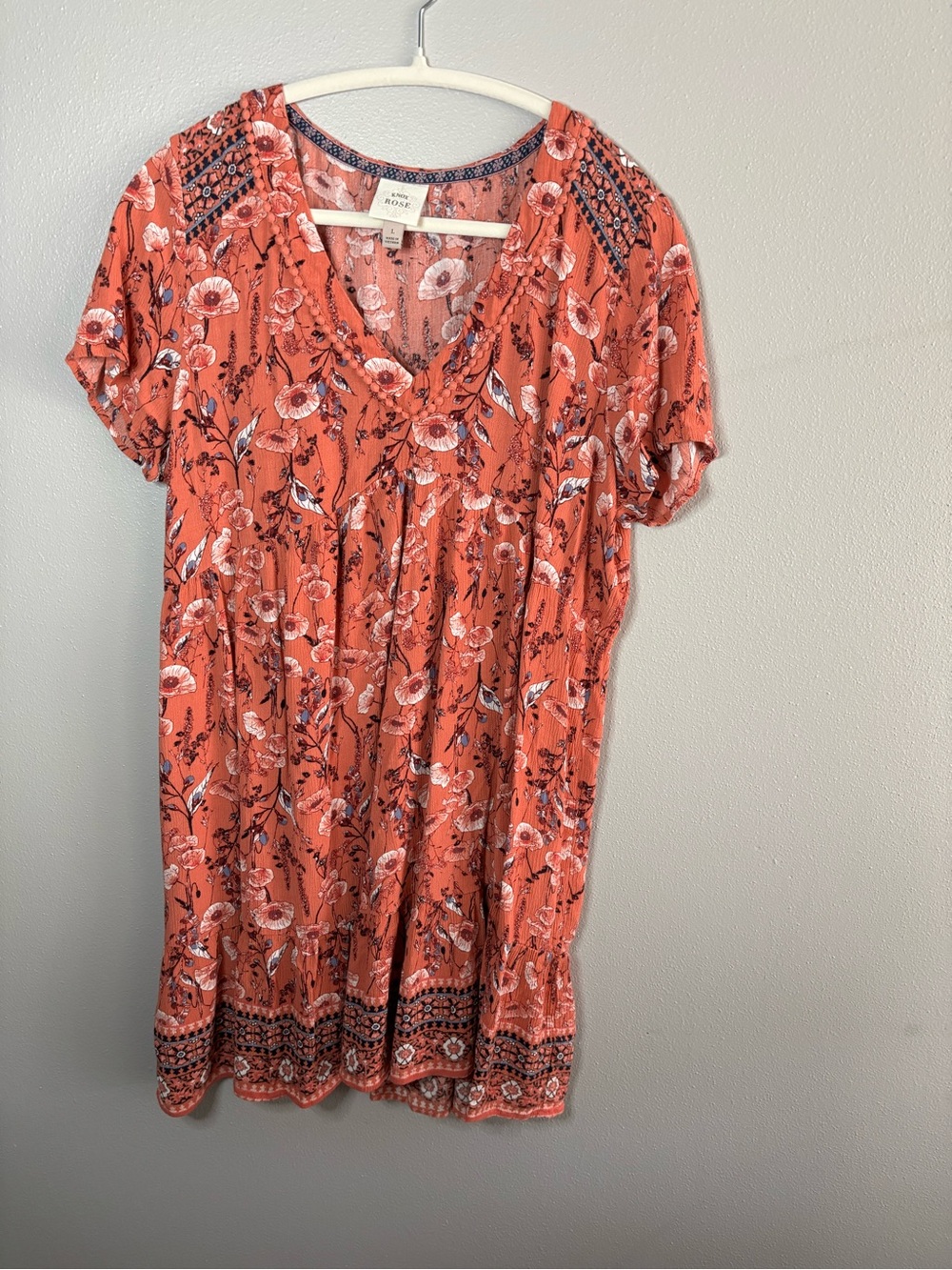 Knox Rose Coral Floral V-Neck Short Sleeve Boho Dress 21” Ptp 32” length